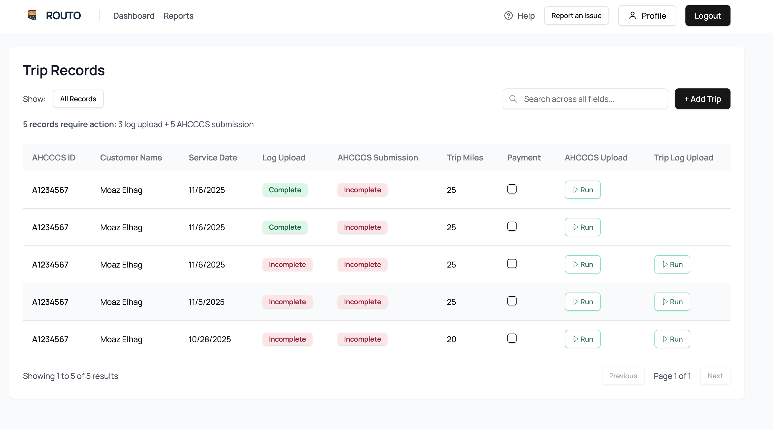 Routo trip records dashboard